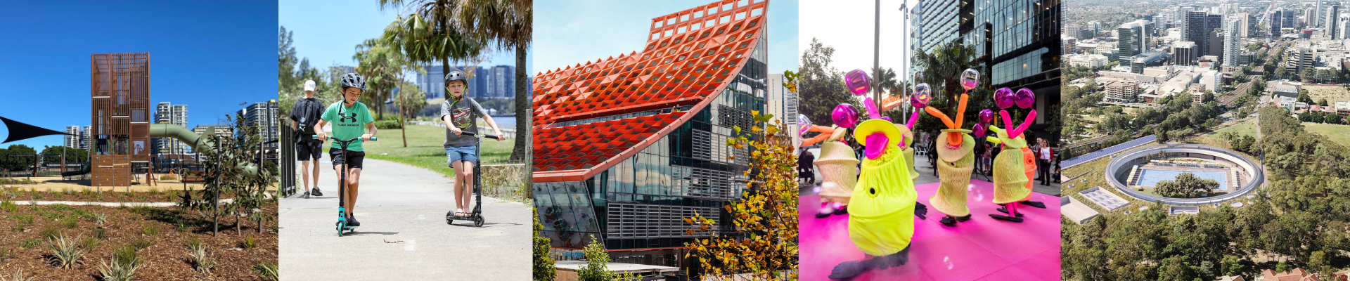 Caption (left to right) Opening of F.S. Garside Park, new paths and cycleways, PHIVE, creative events, Parramatta Aquatic Centre.