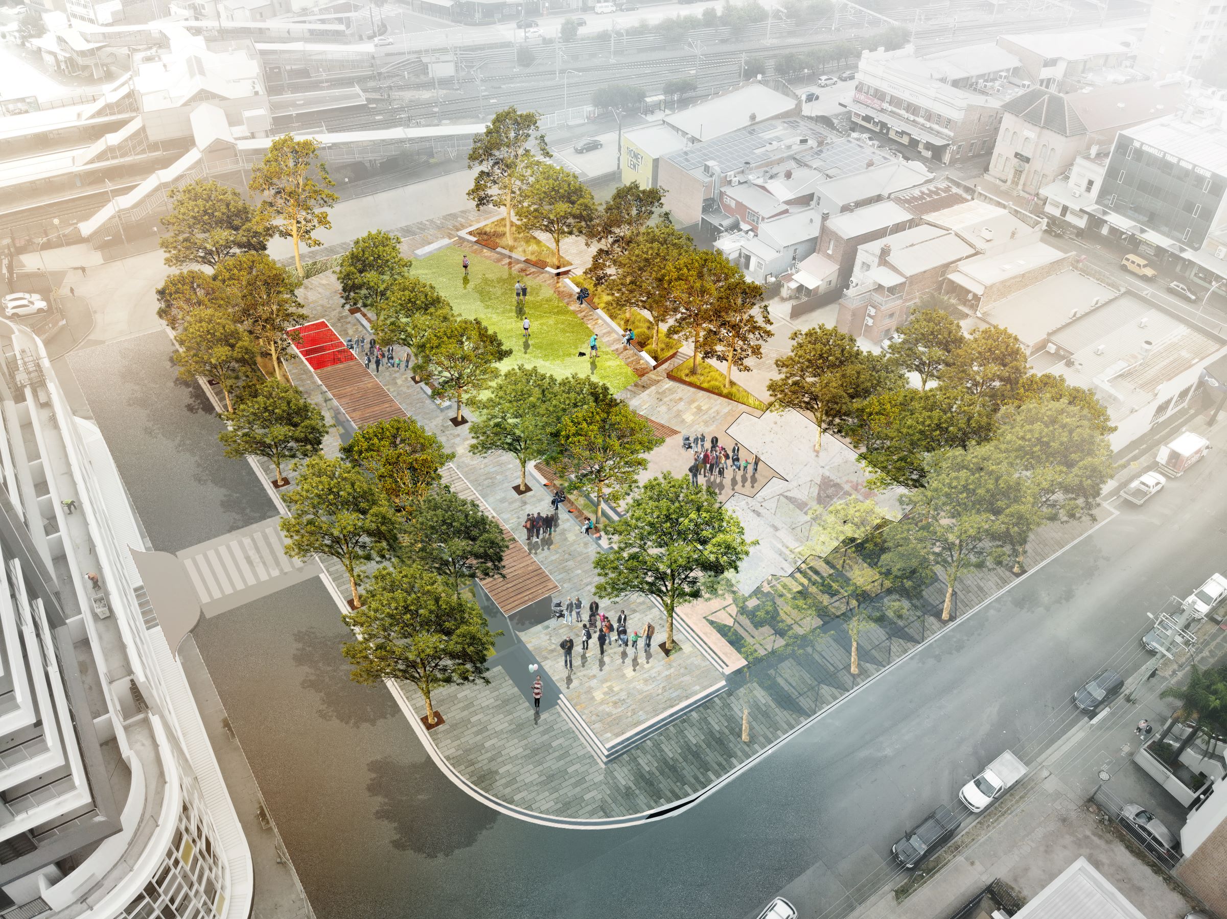 Aerial view of a draft landscape design showing trees, a village green and plaza