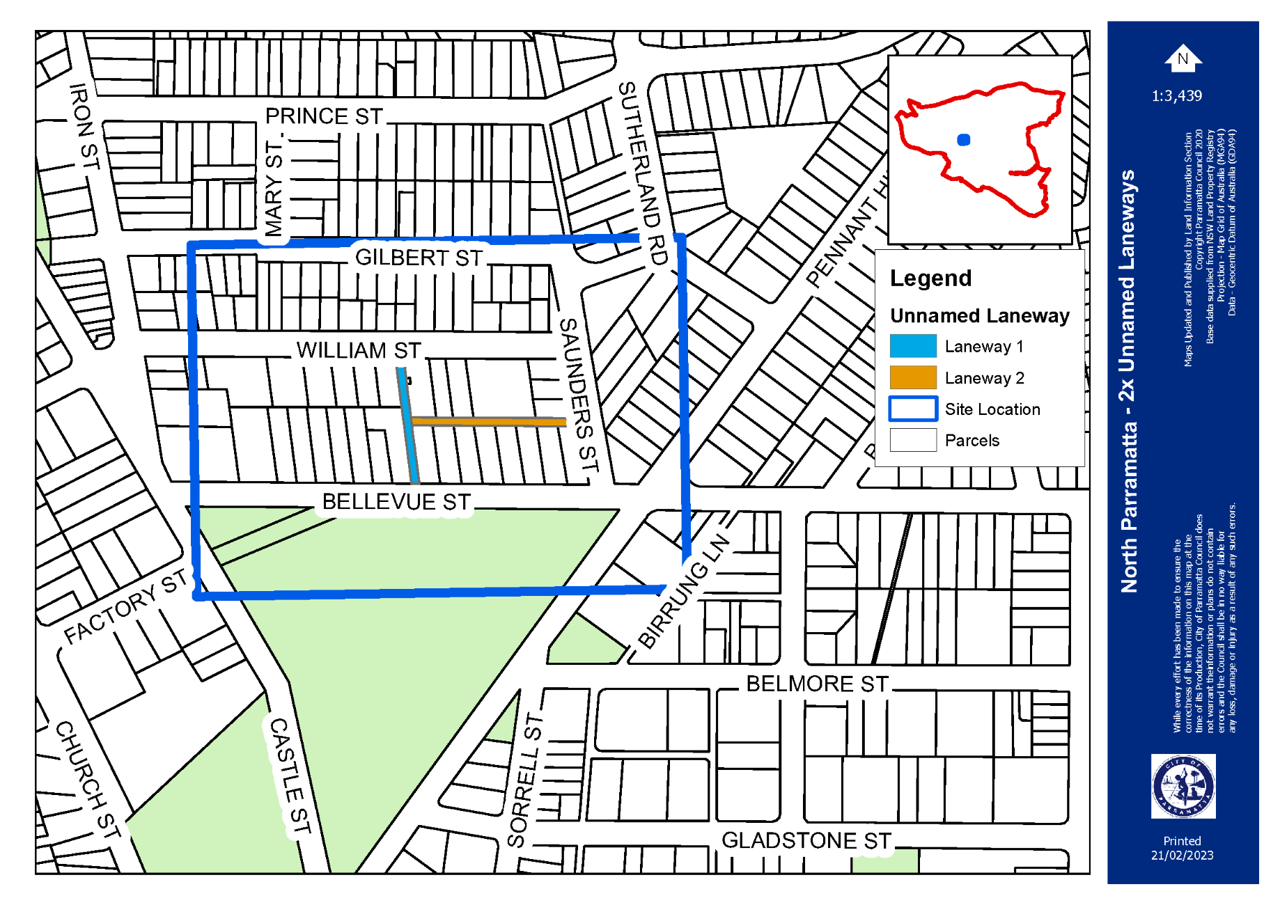 Map showing two laneways above a large green space depicting a park