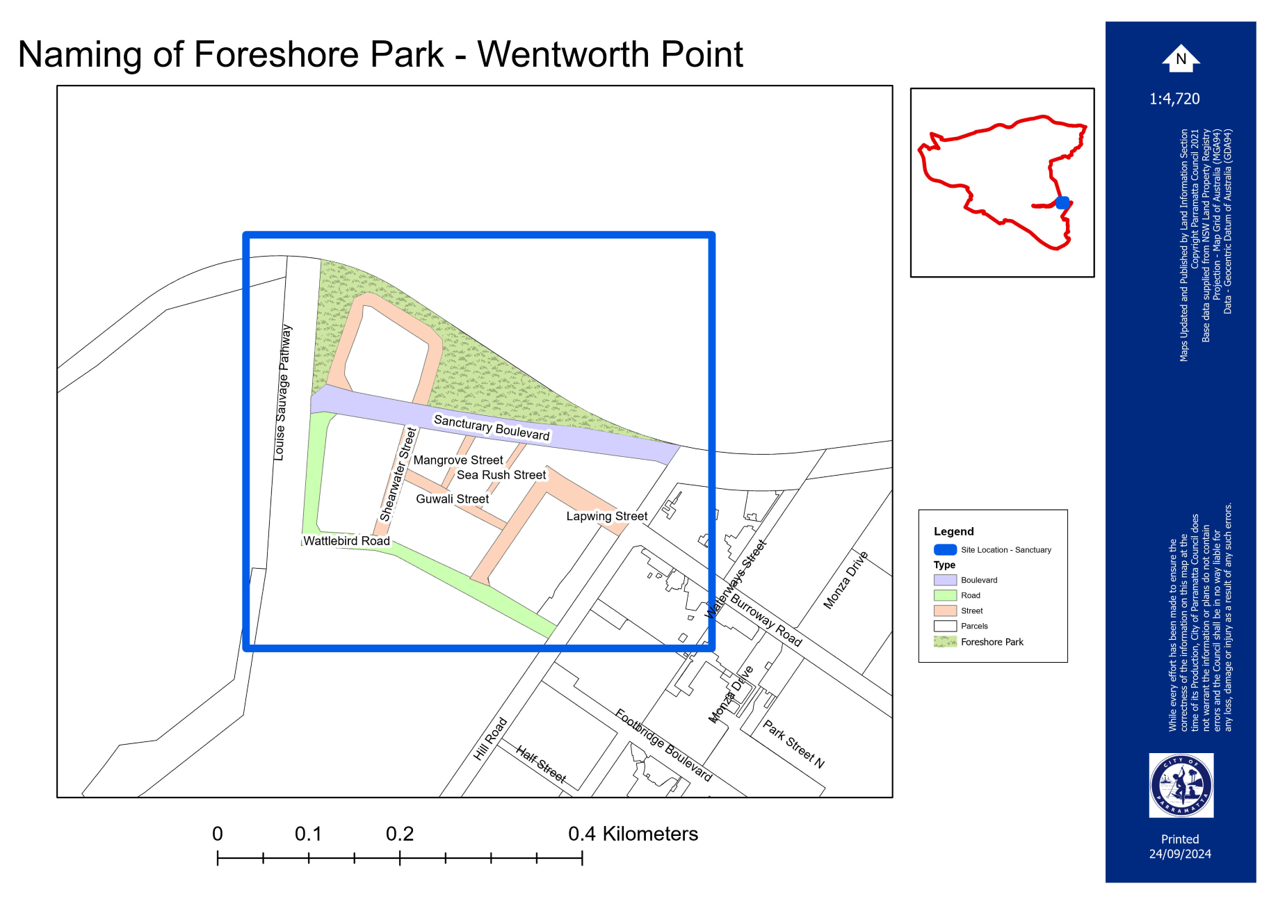 Map showing the location of the foreshore park with Louise Sauvage Parkway to the west, Parramatta River to the north, Hill Road to the east, Sanctuary Boulevard to the south.